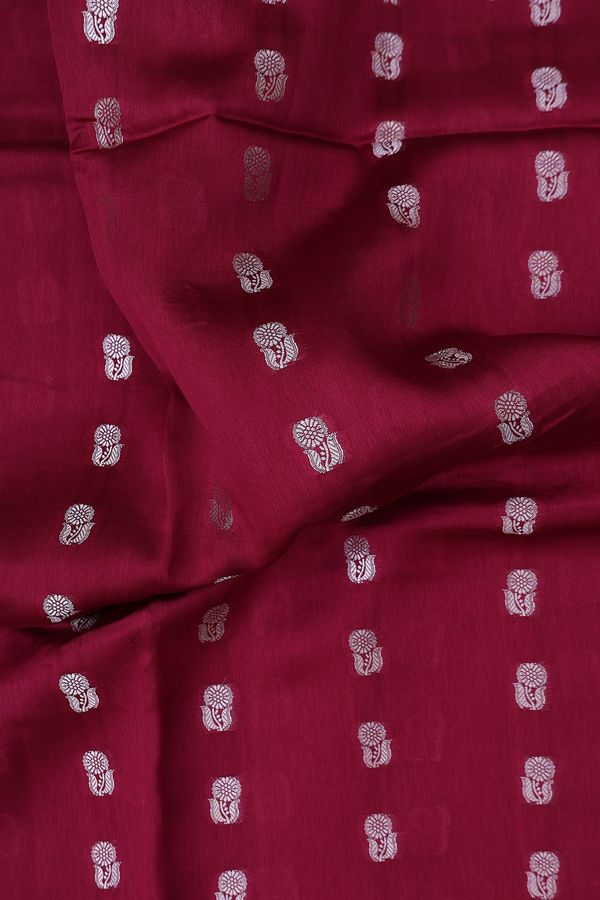 Raw Silk Saree In Burgundy Red With Floral Buttas