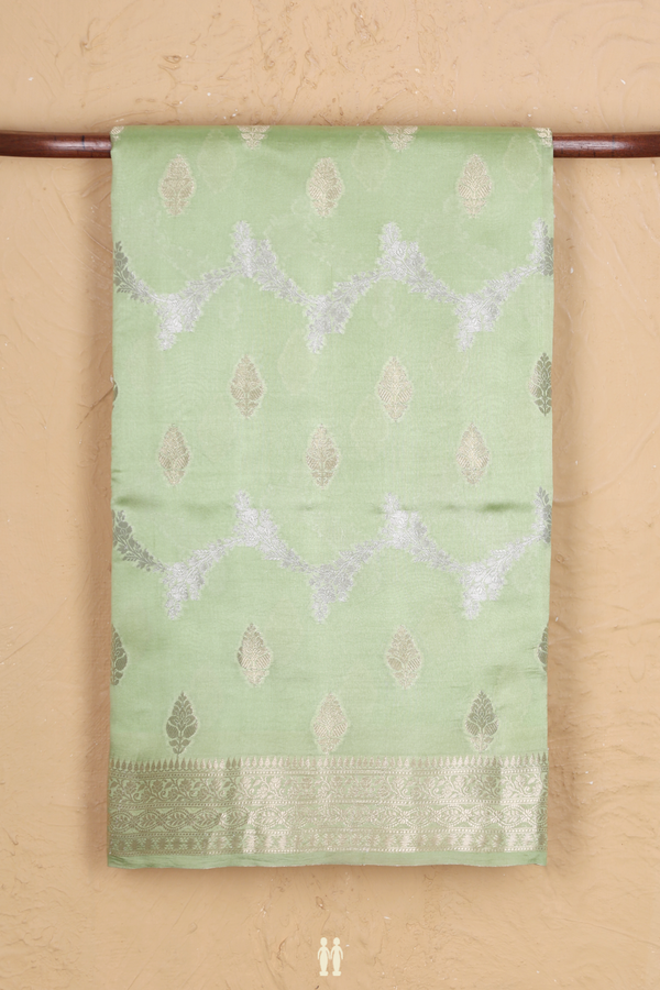 Raw Silk Saree In Pastel Green With Chevron Design