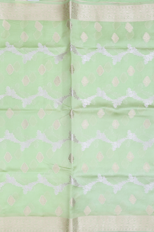 Raw Silk Saree In Pastel Green With Chevron Design