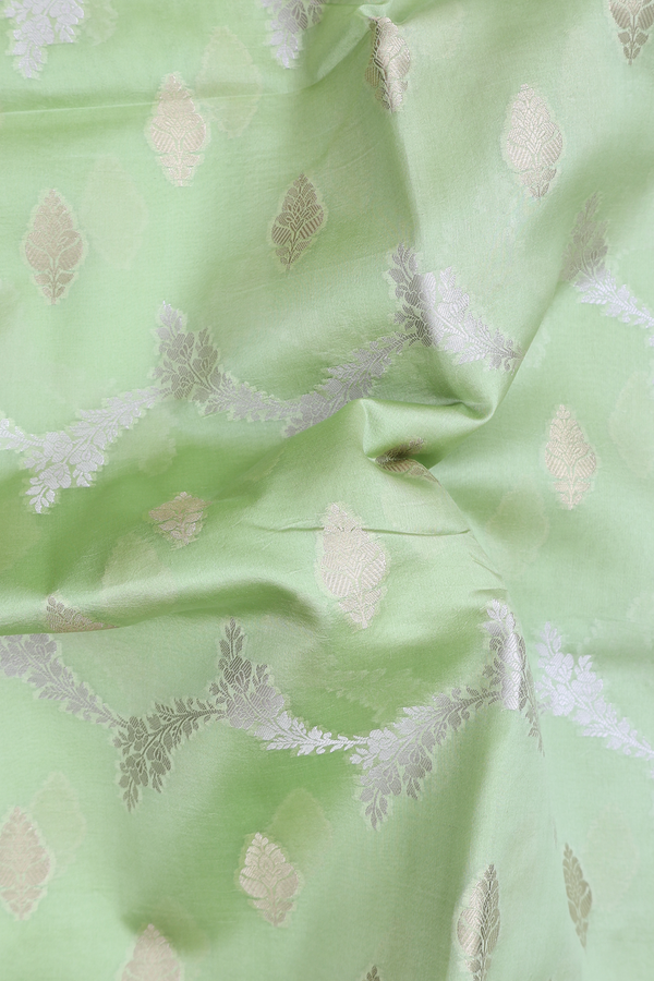 Raw Silk Saree In Pastel Green With Chevron Design