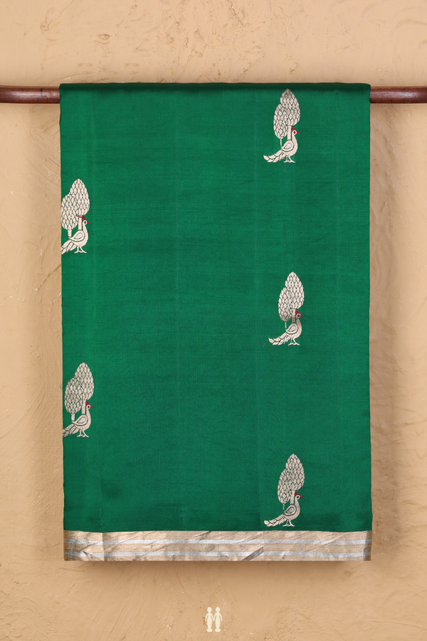 Raw Silk Saree Emerald Green With Peacock Motifs