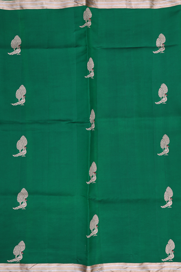 Raw Silk Saree Emerald Green With Peacock Motifs