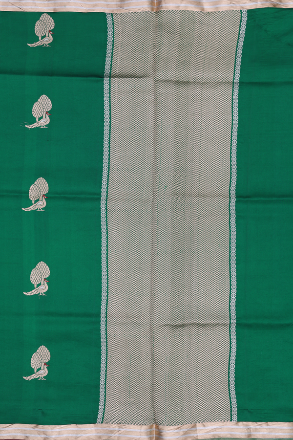 Raw Silk Saree Emerald Green With Peacock Motifs