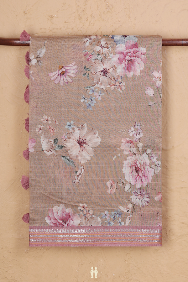Chanderi Silk Cotton Saree In Brown With Floral Design