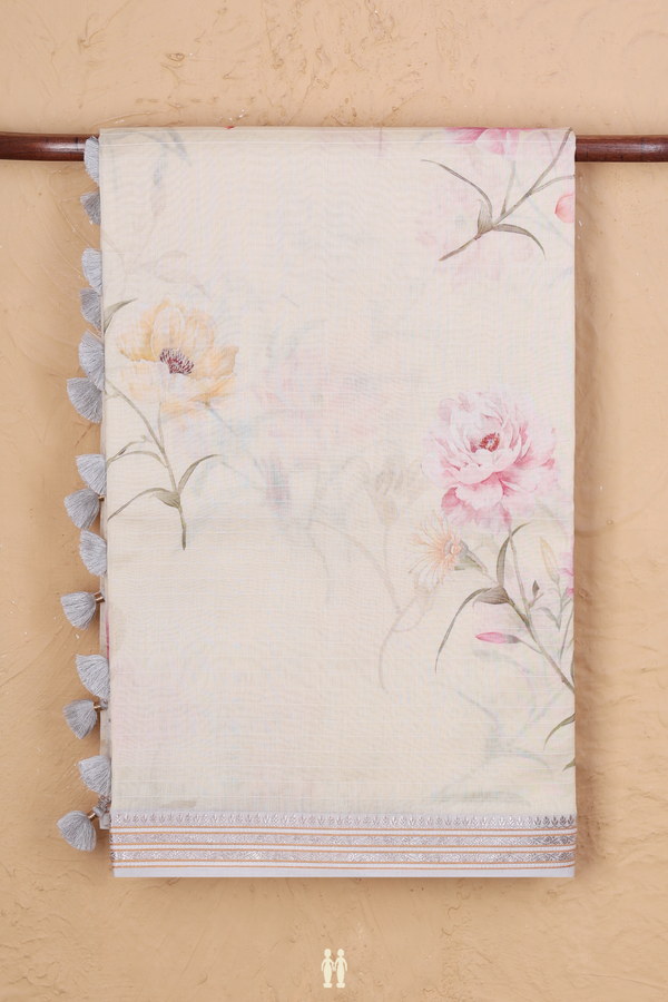 Chanderi Silk Cotton Saree In Cream Color With Floral Design