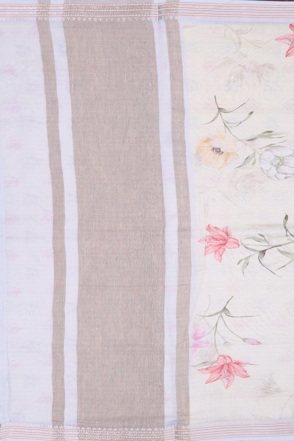 Chanderi Silk Cotton Saree In Cream Color With Floral Design