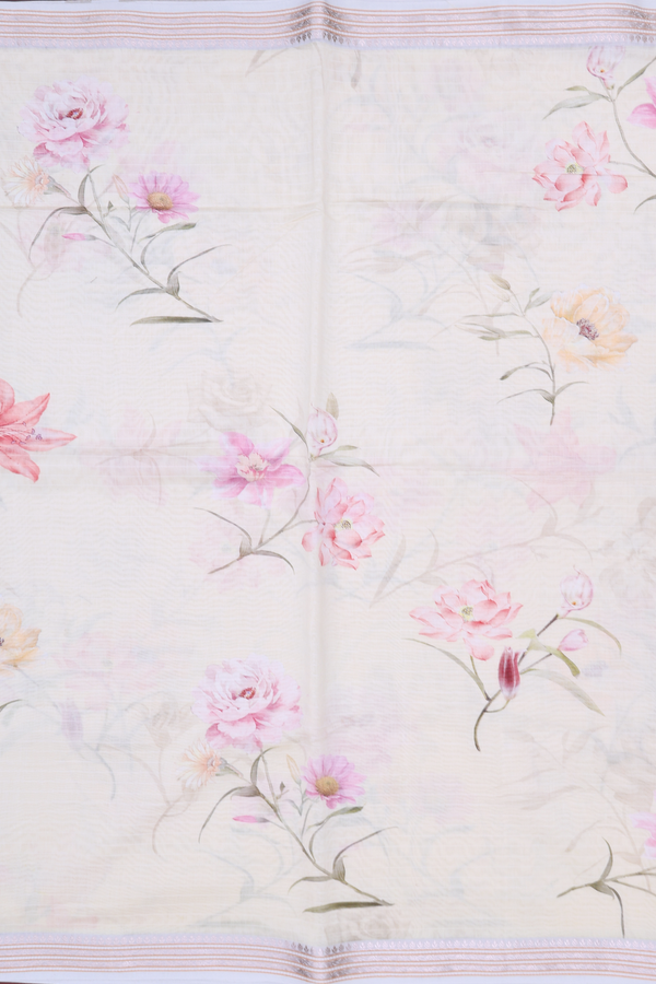 Chanderi Silk Cotton Saree In Cream Color With Floral Design