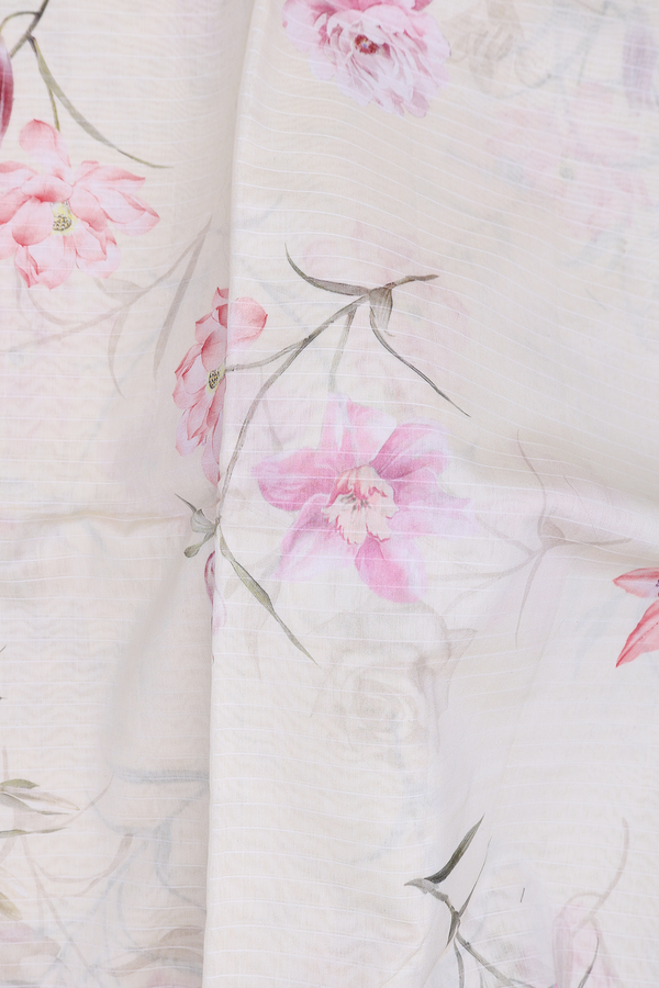 Chanderi Silk Cotton Saree In Cream Color With Floral Design