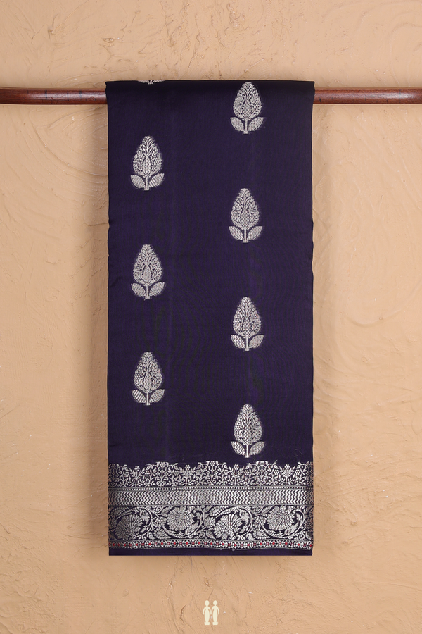 Raw Silk Saree In Navy Blue With Floral Buttas