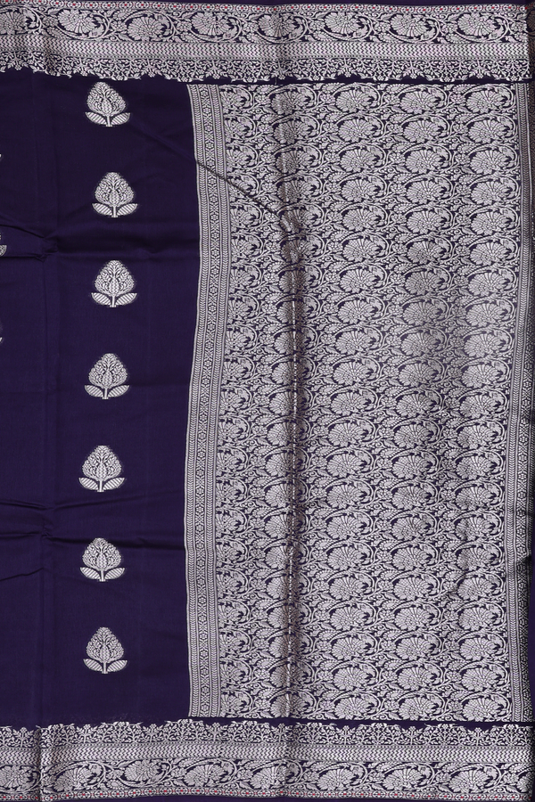 Raw Silk Saree In Navy Blue With Floral Buttas