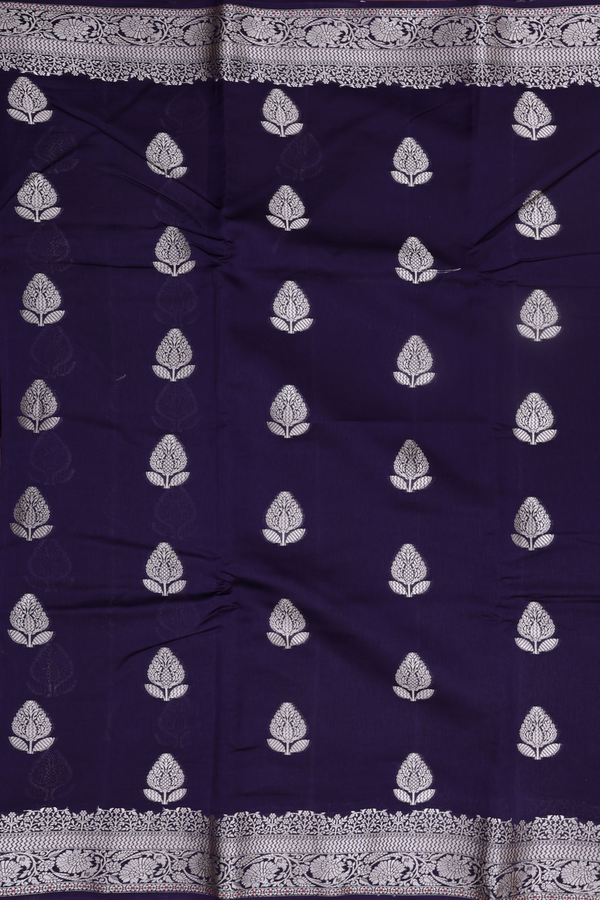 Raw Silk Saree In Navy Blue With Floral Buttas