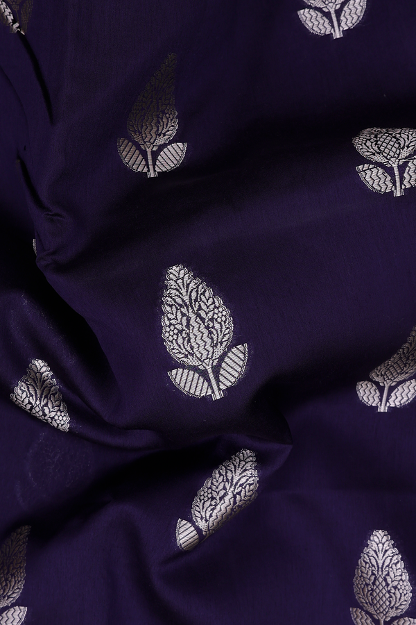 Raw Silk Saree In Navy Blue With Floral Buttas