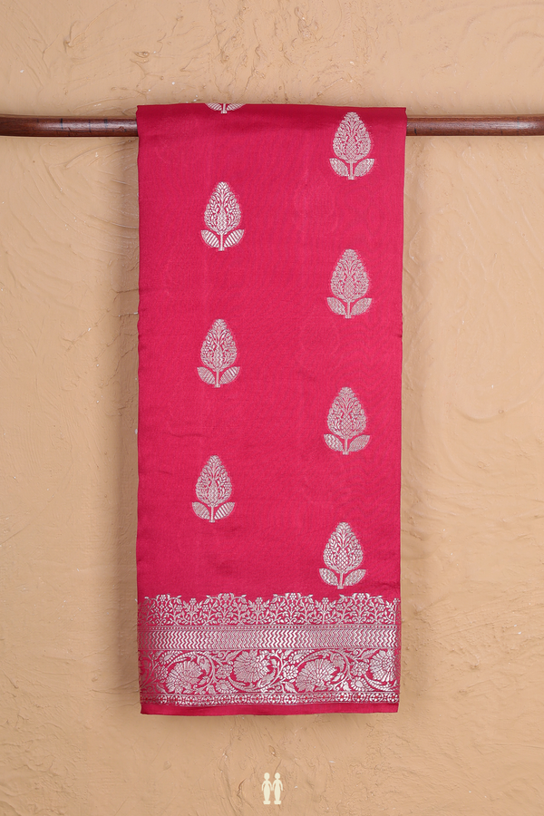 Raw Silk Saree In Rose Red With Floral Buttas