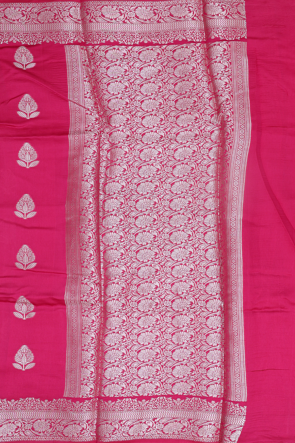 Raw Silk Saree In Rose Red With Floral Buttas