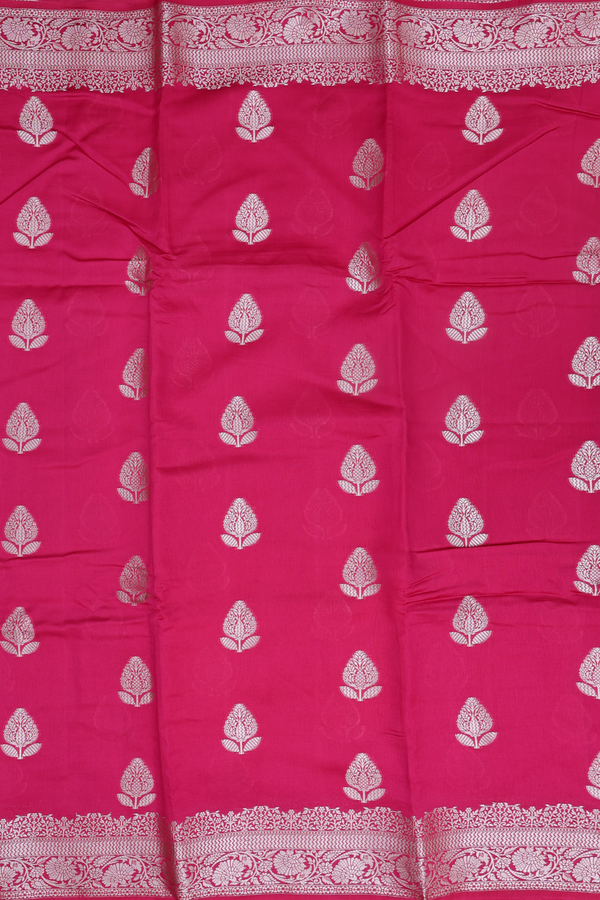 Raw Silk Saree In Rose Red With Floral Buttas
