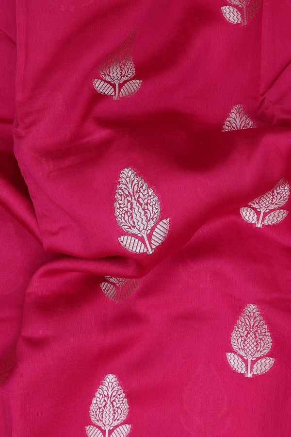 Raw Silk Saree In Rose Red With Floral Buttas