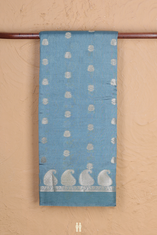 Raw Silk Saree In Dusty Blue With Floral Buttas
