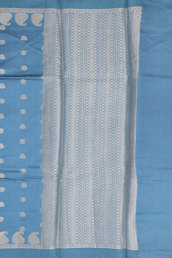 Raw Silk Saree In Dusty Blue With Floral Buttas