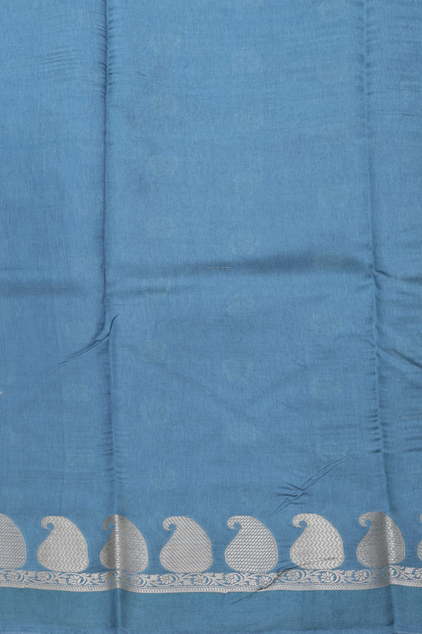 Raw Silk Saree In Dusty Blue With Floral Buttas