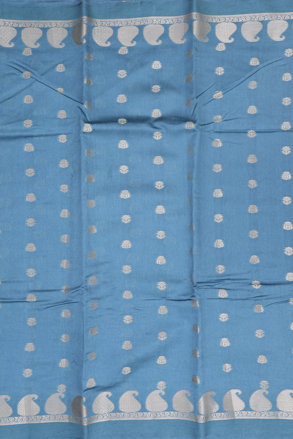 Raw Silk Saree In Dusty Blue With Floral Buttas