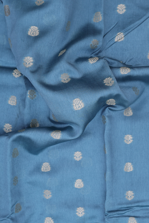 Raw Silk Saree In Dusty Blue With Floral Buttas