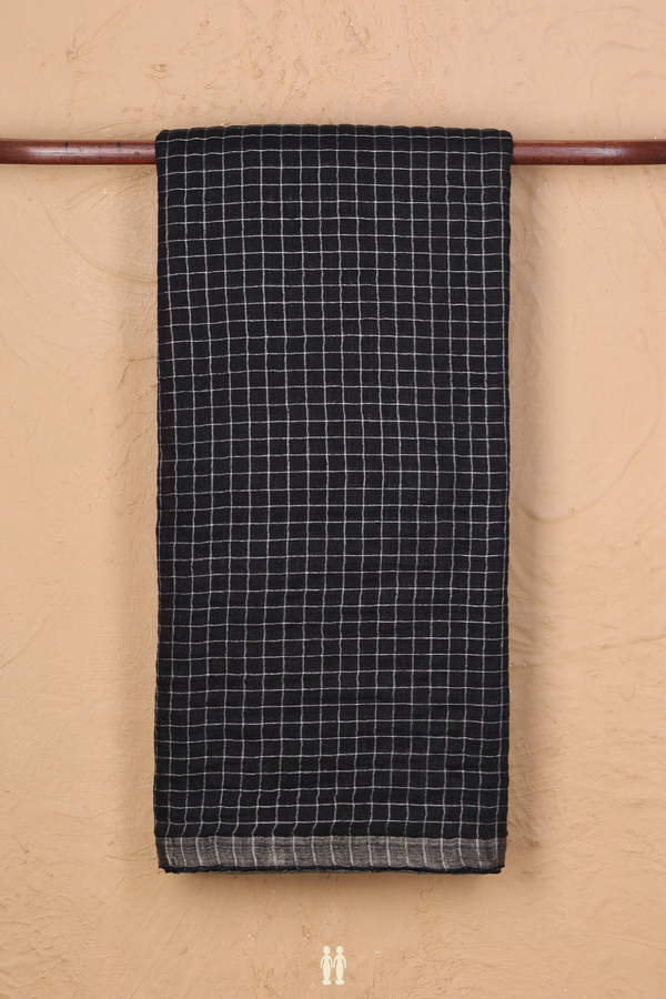 Linen Saree In Black With Checks Design