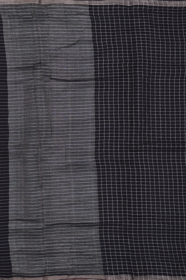 Linen Saree In Black With Checks Design