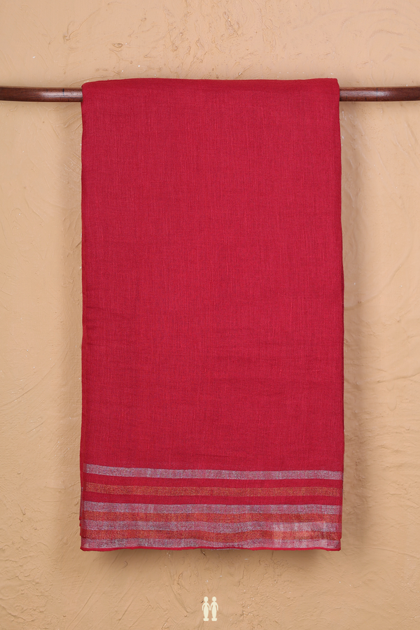 Linen Saree In Crimson Red With Zari Border