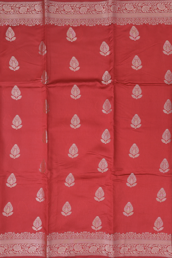 Raw Silk Saree In Scarlet Red With Floral Buttas