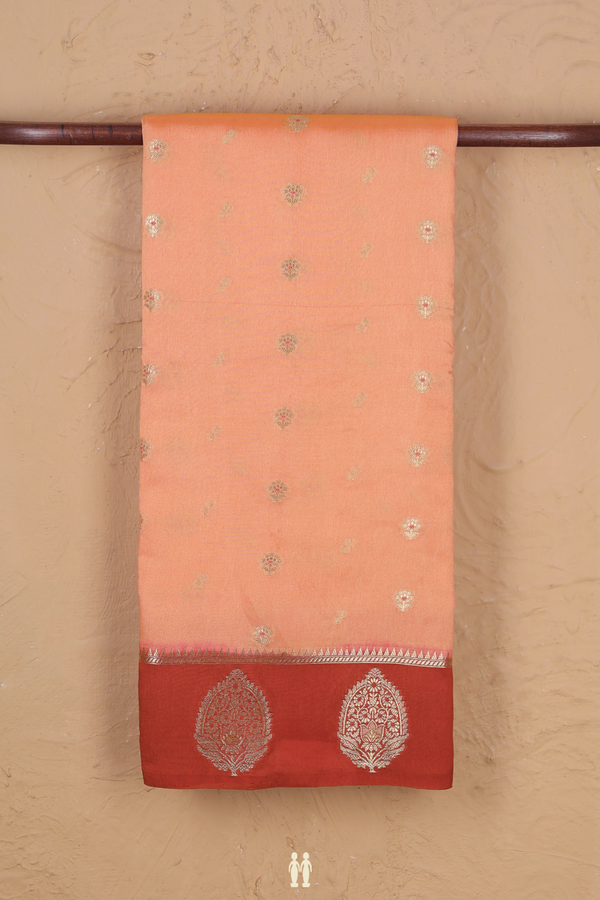 Raw Silk Saree In Peach With Floral Buttas