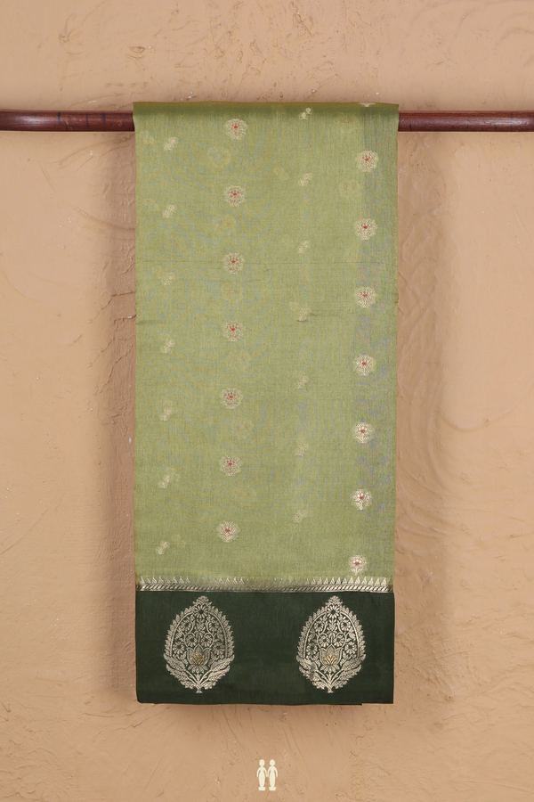 Raw Silk Saree In Moss Green With Floral Buttas