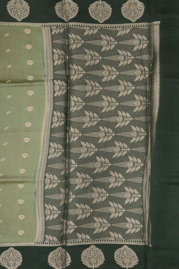 Raw Silk Saree In Moss Green With Floral Buttas