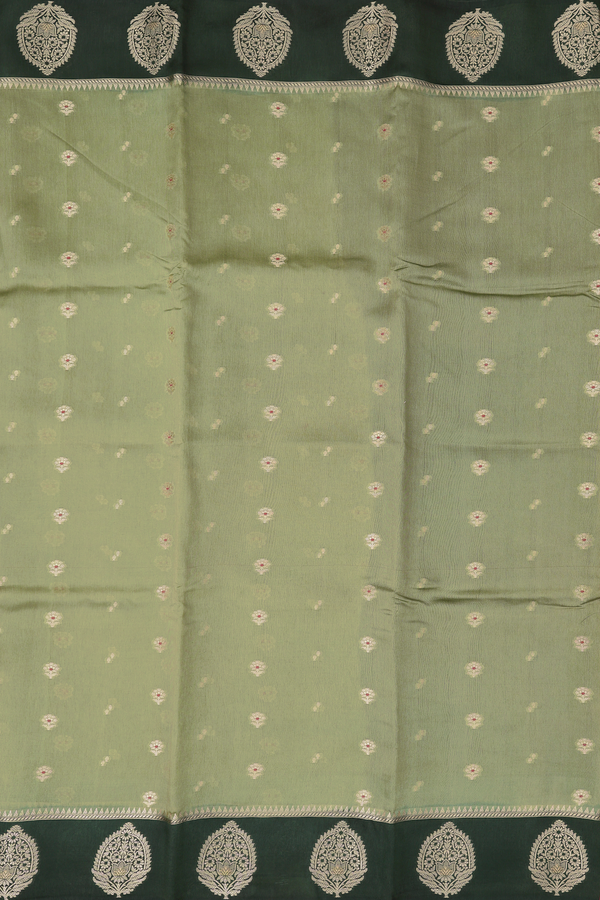 Raw Silk Saree In Moss Green With Floral Buttas