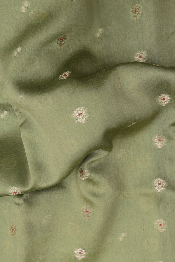 Raw Silk Saree In Moss Green With Floral Buttas