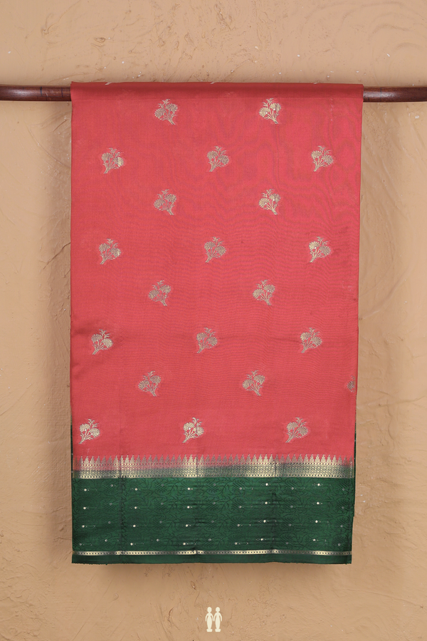 Raw Silk Saree In Crimson Red With Floral Buttas