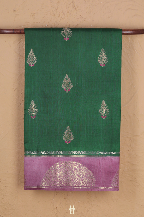 Raw Silk Saree In Forest Green With Zari Buttas