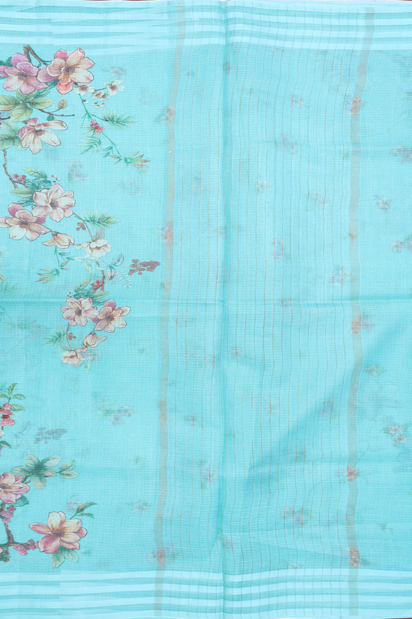 Kota Silk Cotton Saree In Light Sea Blue With Floral Design