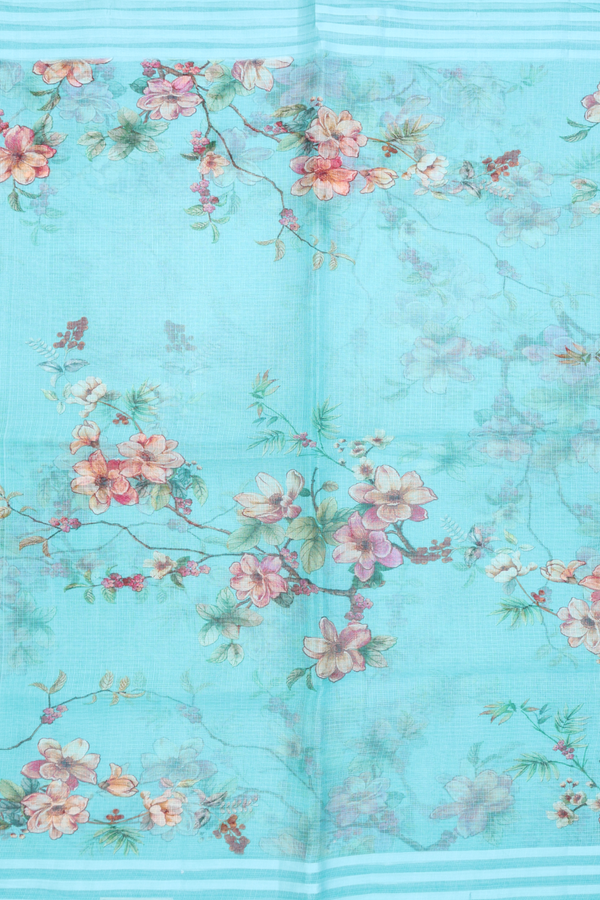 Kota Silk Cotton Saree In Light Sea Blue With Floral Design