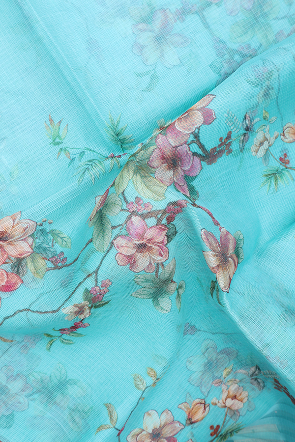 Kota Silk Cotton Saree In Light Sea Blue With Floral Design