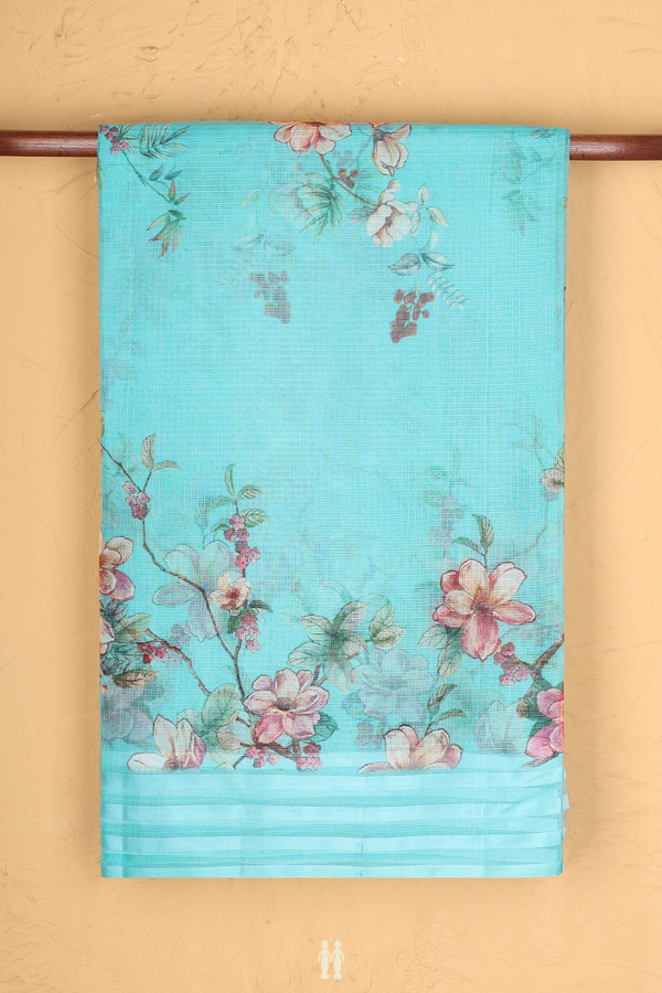 Kota Silk Cotton Saree In Light Sea Blue With Floral Design