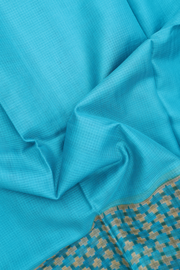 Kota Silk Cotton Saree In Turquoise Blue With Stripes Border