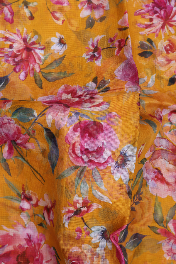 Kota Silk Saree In Honey Yellow With Floral Design