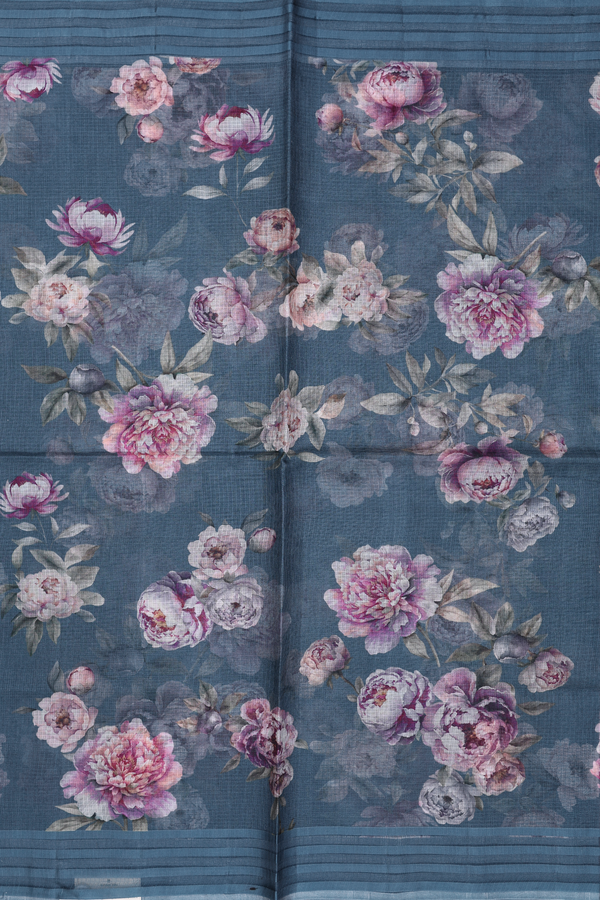 Kota Silk Saree In Pigeon Blue With Floral Printed Design