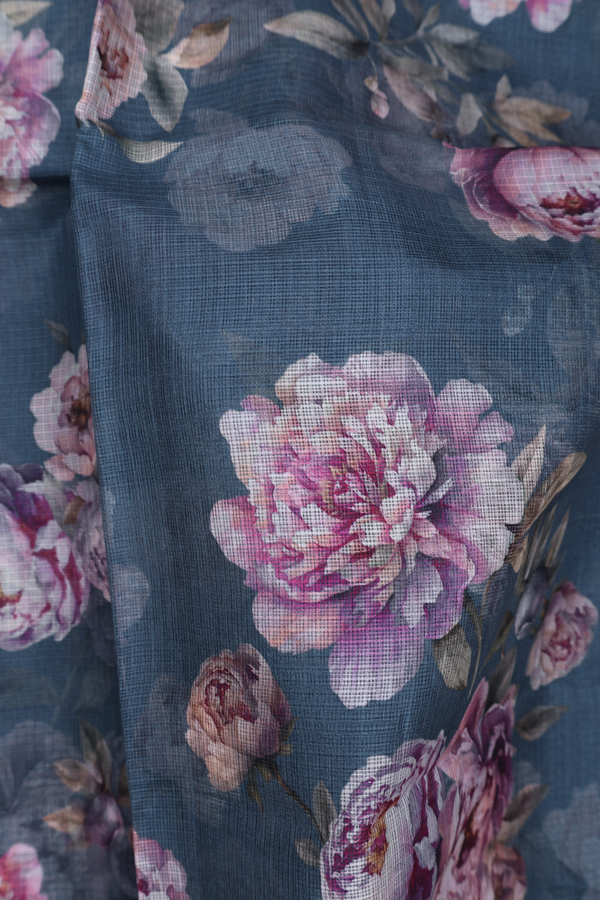 Kota Silk Saree In Pigeon Blue With Floral Printed Design
