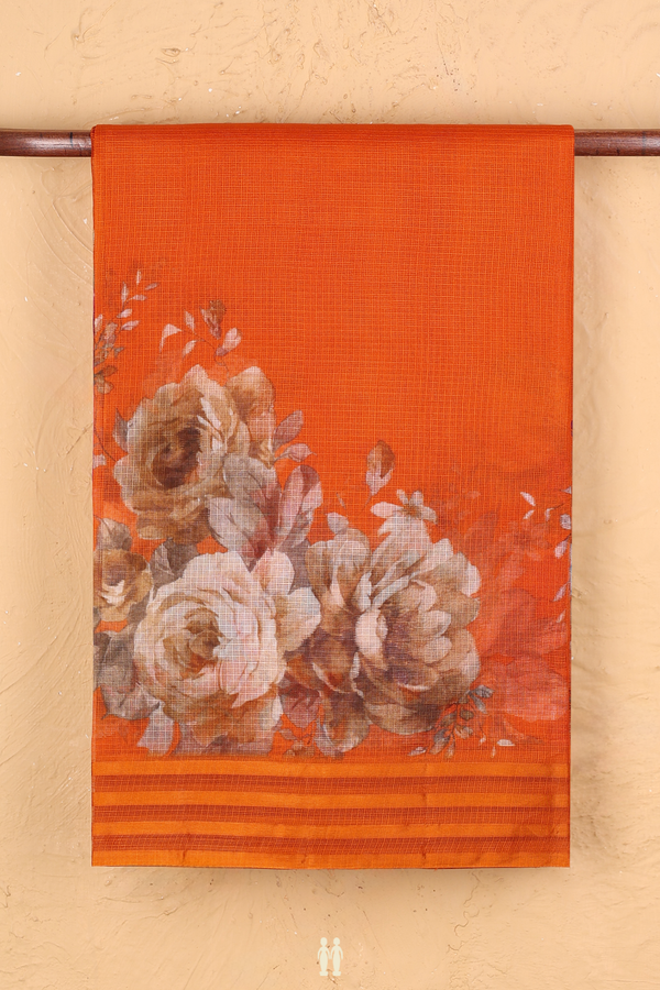 Kota Silk Saree In Bright Orange With Floral Design