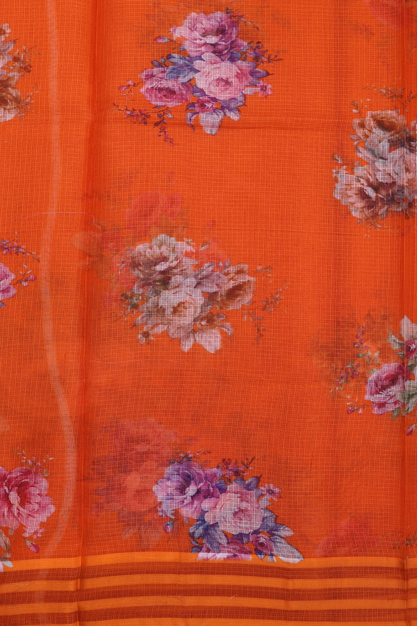 Kota Silk Saree In Bright Orange With Floral Design
