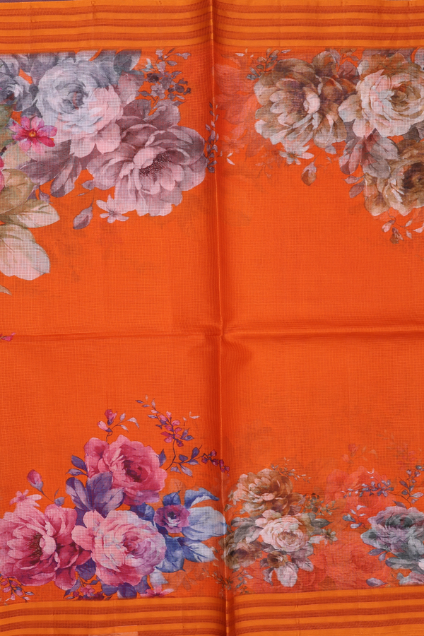 Kota Silk Saree In Bright Orange With Floral Design