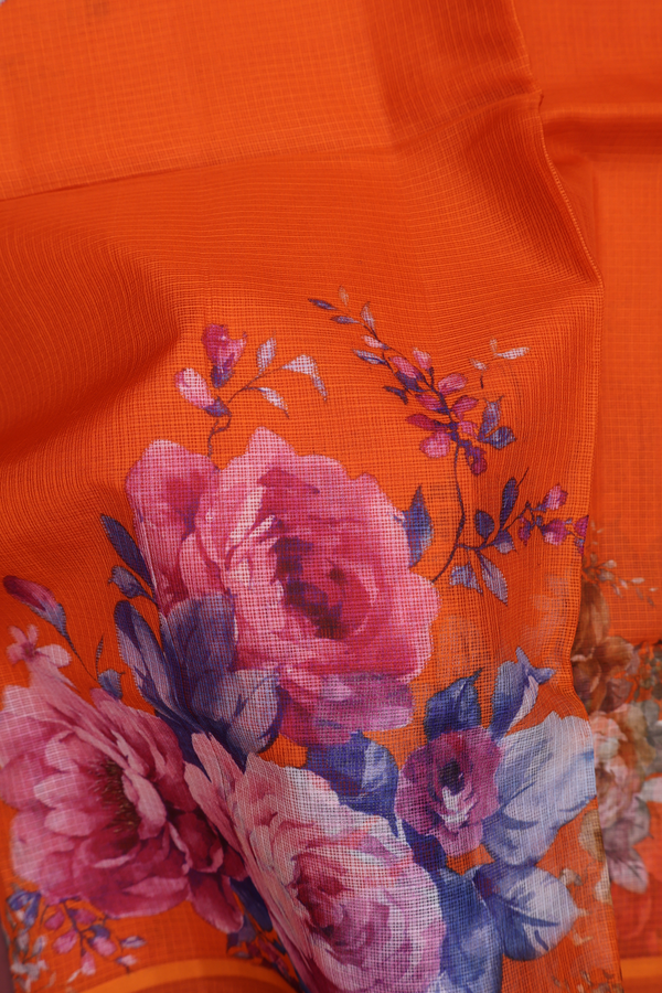 Kota Silk Saree In Bright Orange With Floral Design