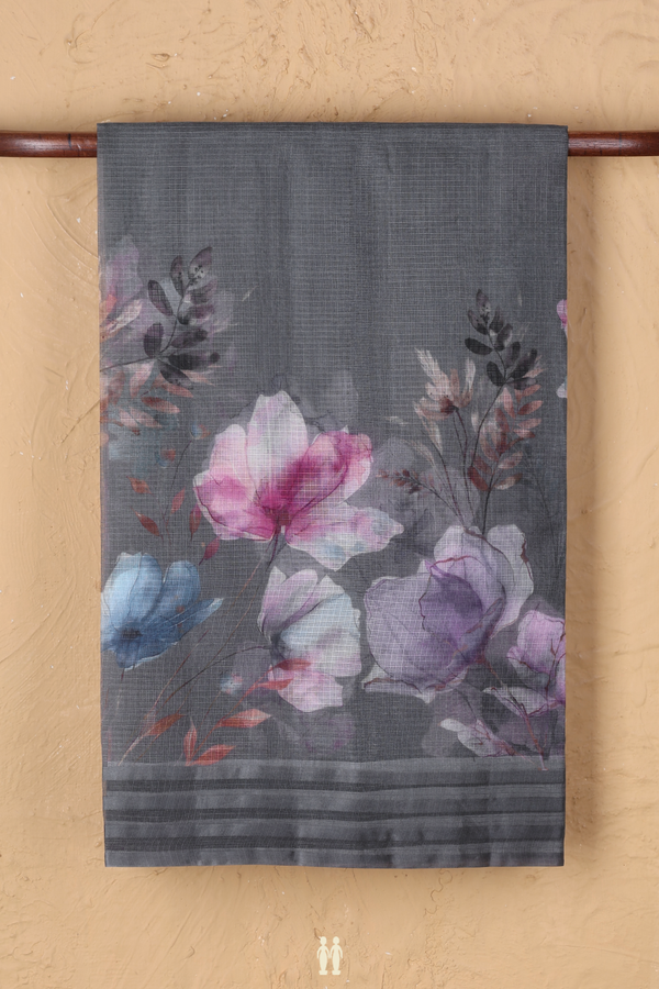 Kota Silk Saree In Grey With Floral Design