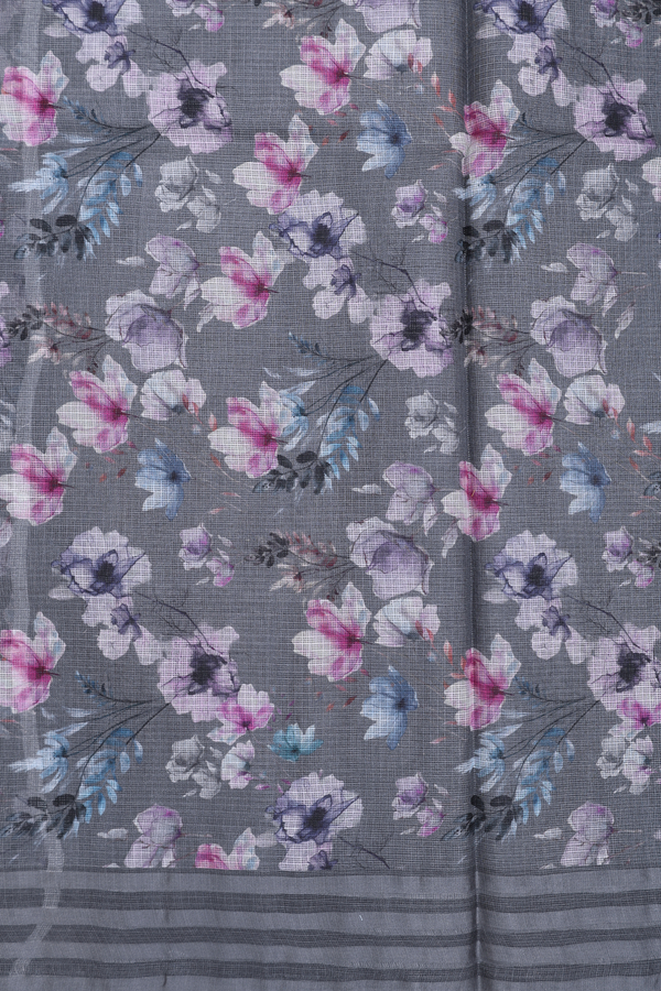 Kota Silk Saree In Grey With Floral Design